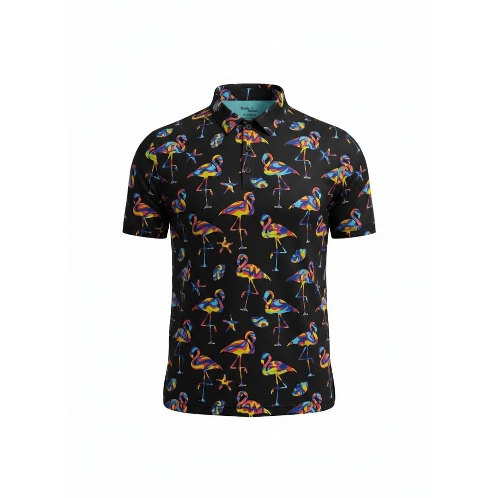 Birdie Bound Golf Polo Shirt Mens XL Black Rainbow Flamingo Performance Tech